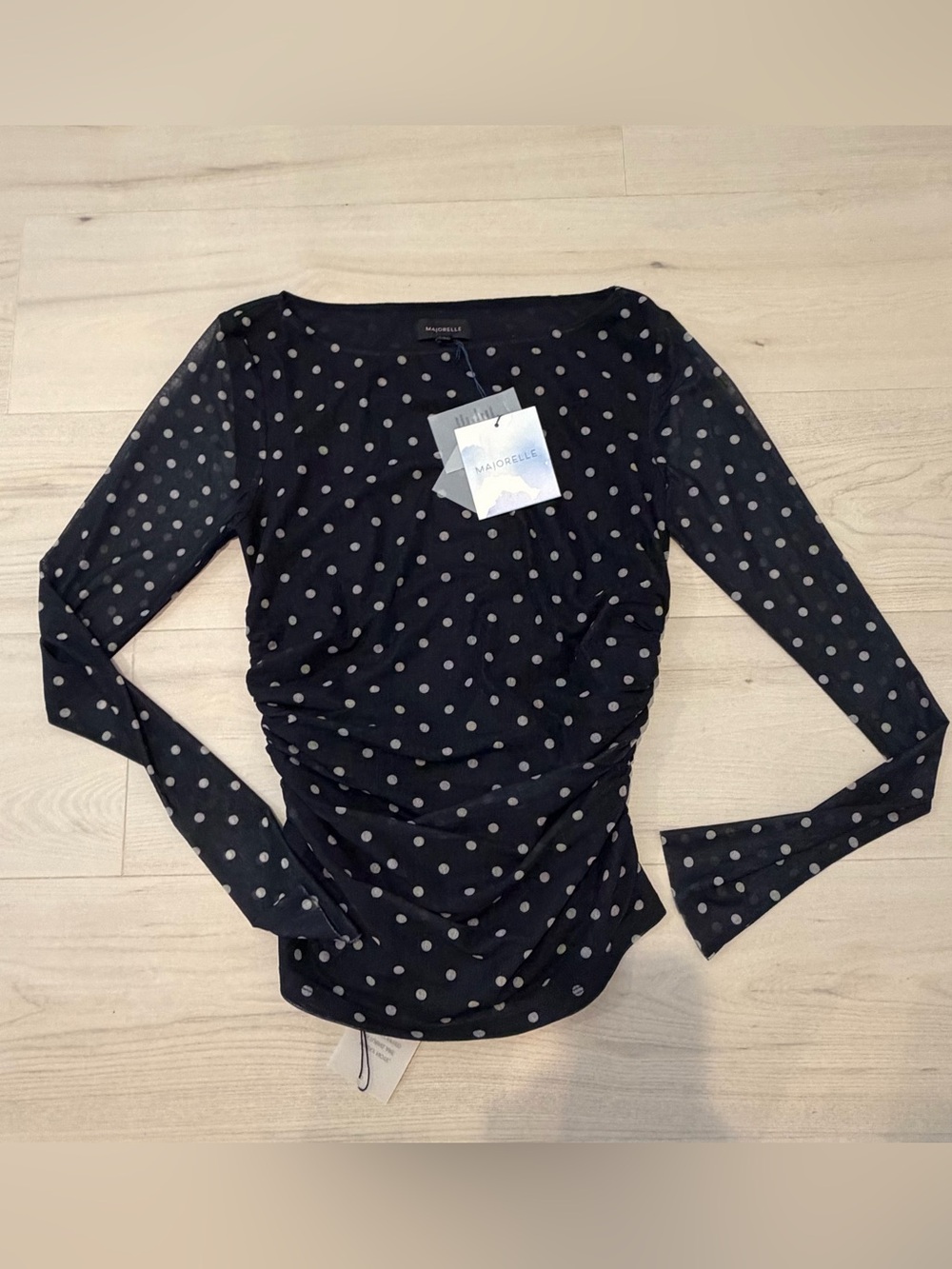 MAJORELLE Blue Long Sleeve Polka Dot Ruched Top NWT